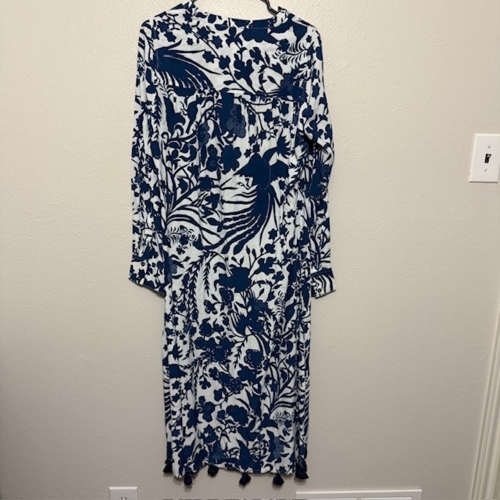 Figue Blue White Floral Tassel Midi Dress Kaftan Viscose L Boho Resort Tropical - Picture 7 of 10